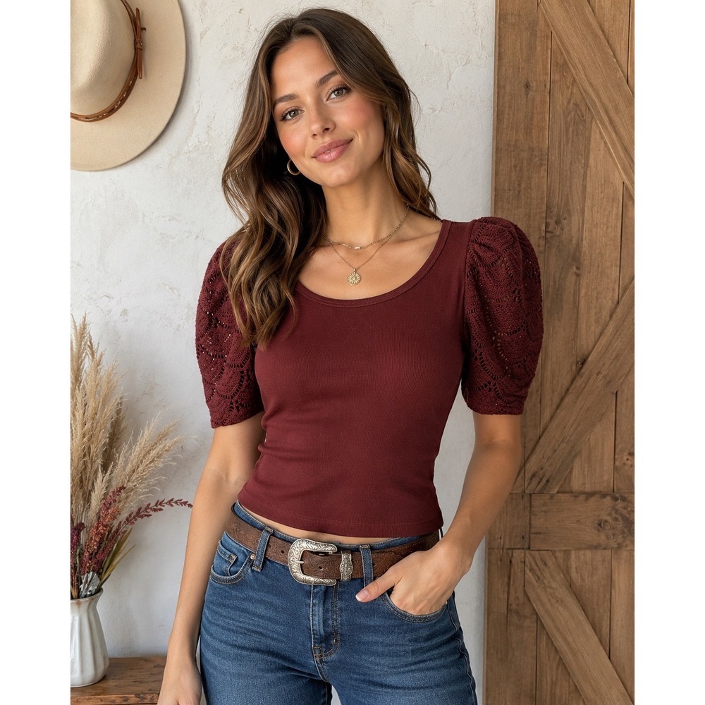 Shyanne Small Burgundy Ribbed Knit Top Crochet Puff Sleeve Western Boho